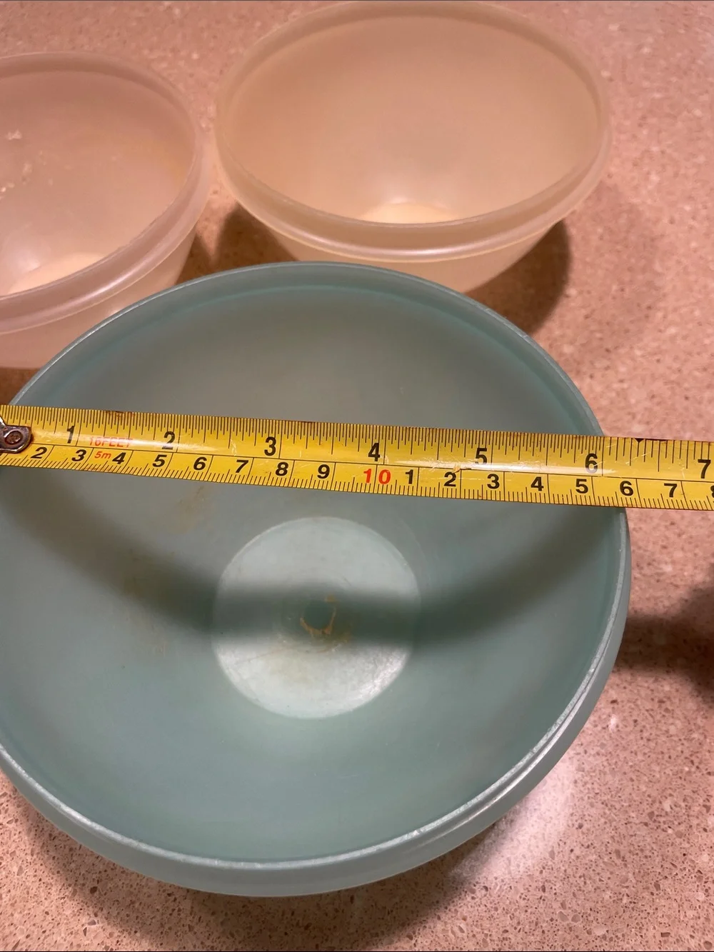 Vintage Tupperware Stackable Food Storage Bowls;Beige, Red, and Light Blue Lids